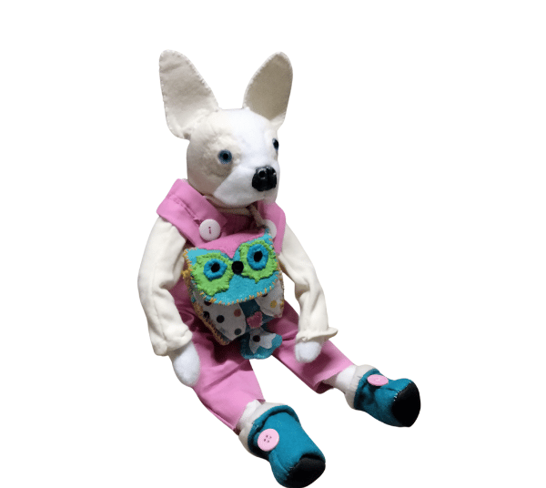 white and cream jointed Boston Terrier dog plush