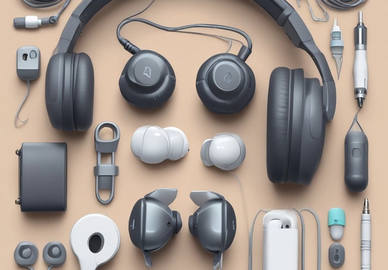 A collection of electronic devices and accessories are neatly arranged on a dark surface. Items include a tablet, a smartwatch, wireless earbuds, a TV box with remote, a drone, a controller, a set of keys with a key ring, a wireless mouse, and a coffee mug with text.