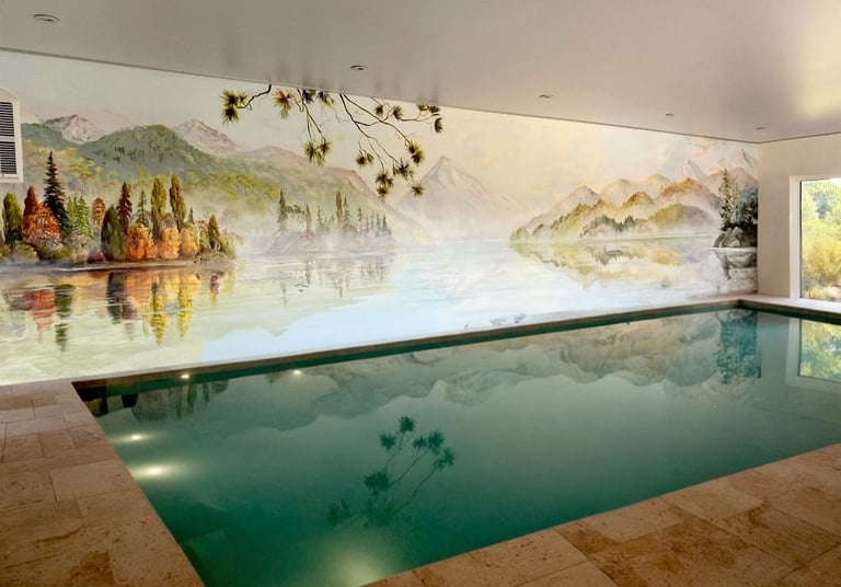 Hand-painted New Zealand lake mural evoking serenity in a luxury spa setting.