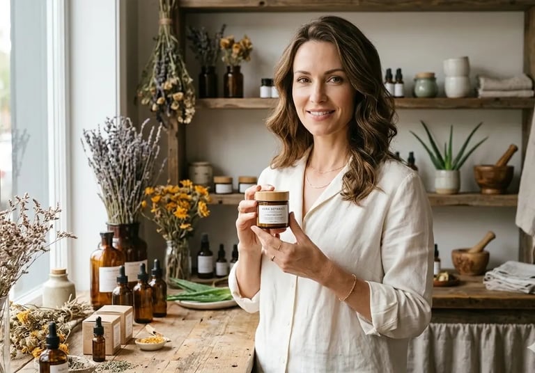 Mulher sorridente segurando um frasco de cosmético orgânico para cuidados com a pele, em uma botica 