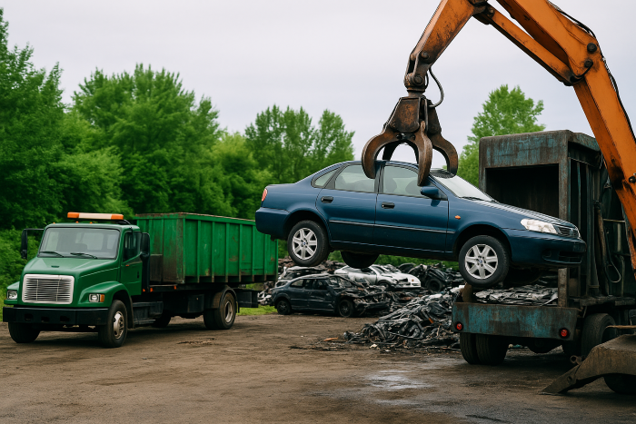 A scrapyard showing a blue sedan being lifted by an orange hydraulic claw, with a green tow truck.