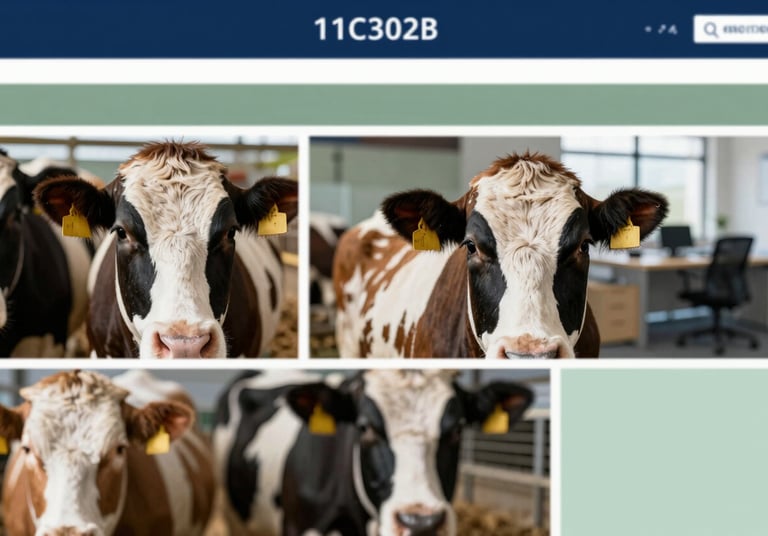 A collage showing a close-up of healthy farm animals and a modern office space, conveying expertise and trust, utilizing #1C302B and #B4C6AD tones.