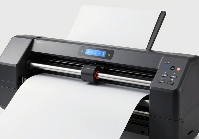 Sheets of colorful digital plotter paper with sample prints, under bright light.