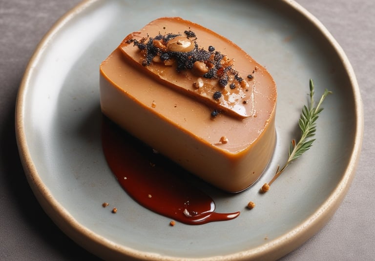 Close-up of artisanal foie gras served on rustic wooden board with fresh herbs