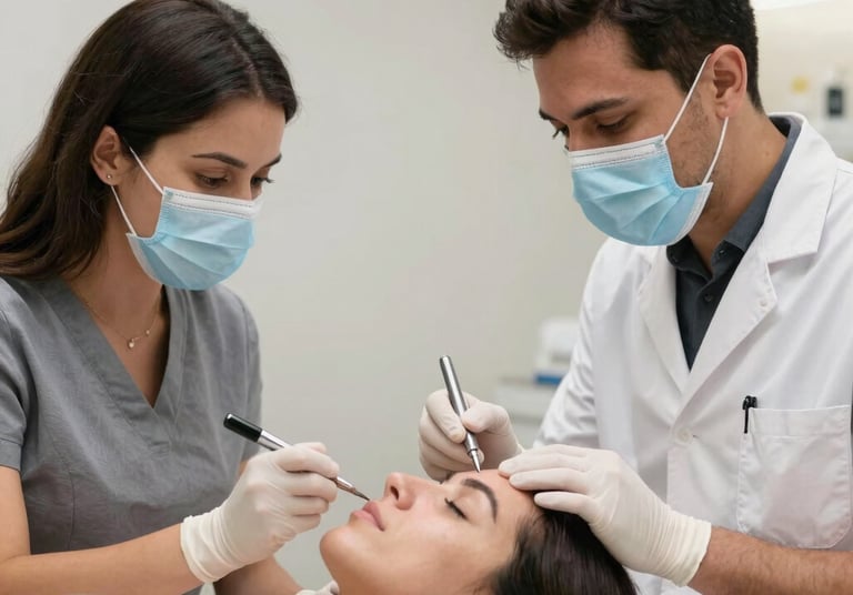 Close-up of sleek aesthetic medical equipment arranged on a minimalist white table