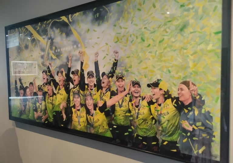 Australian women's cricket team celebrating a championship victory at MCG (Melbourne Cricket Ground)