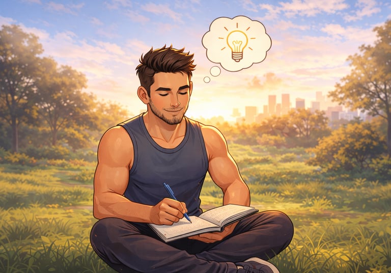 animerad vit man som sitter pÄ en Àng och noterar ner bra saker