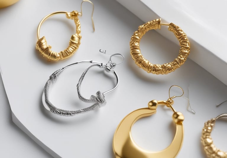 Minimalist gold and beige earrings displayed on a soft cream fabric background