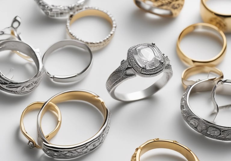 Close-up of elegant gold and beige minimalist jewelry pieces arranged on a white textured surface