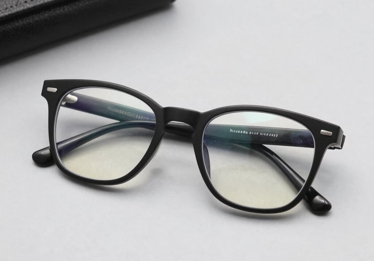 A close-up of stylish budget-friendly eyeglasses resting on a wooden table with soft natural light.