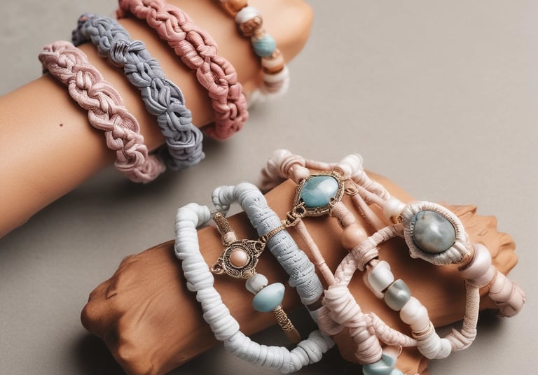 Close-up of a handcrafted macramé necklace with natural Mexican stones on a rustic wooden background