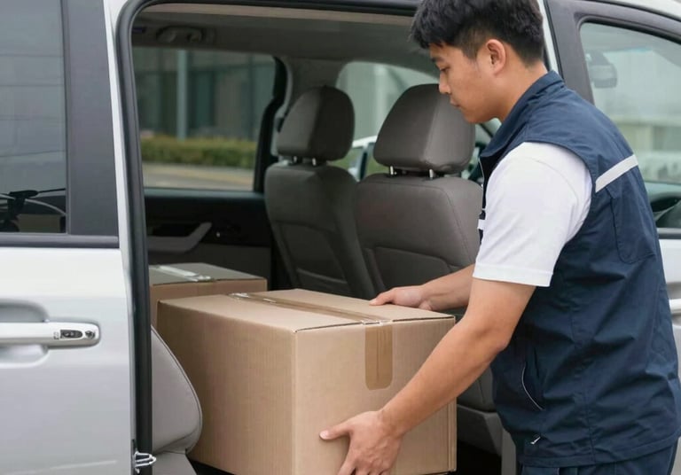 Professional movers carefully packing and loading boxes into a truck in a bright, organized home.