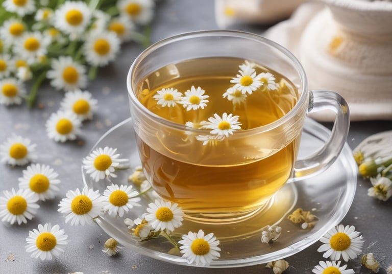 Close-up of fresh chamomile and lemongrass leaves gently resting on rustic wooden table