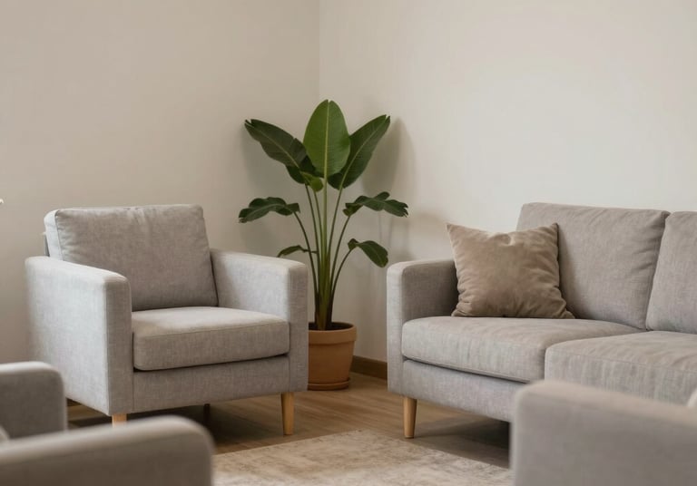 A calm therapy room with soft lighting and comfortable chairs.