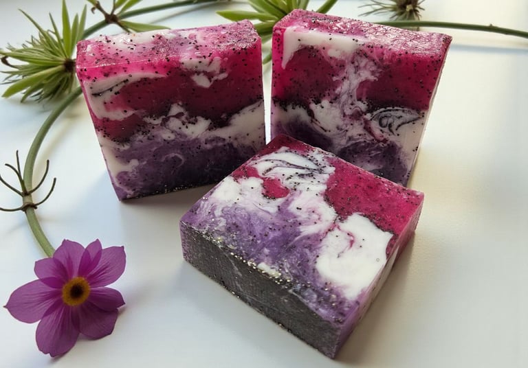 Handmade botanical soap bars with pink and purple swirls and poppy seeds, natural artisan soap made