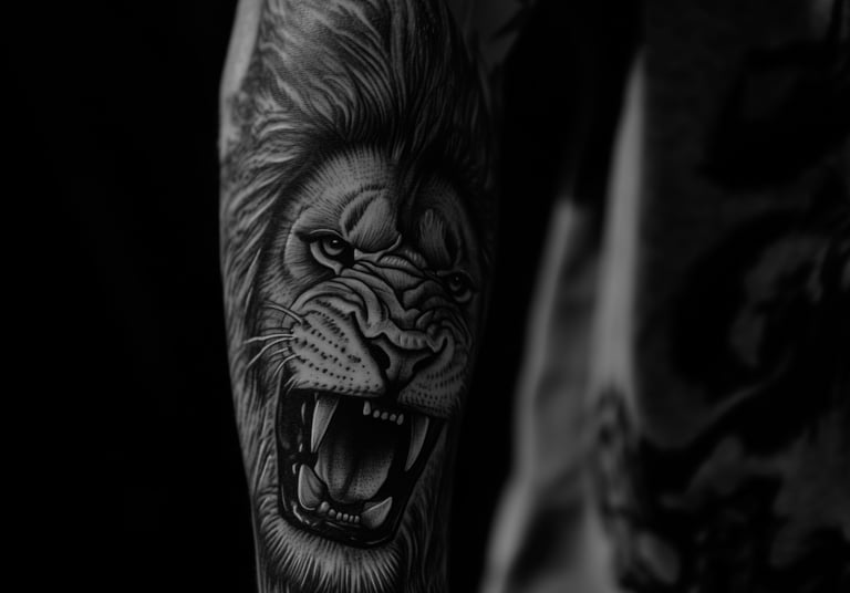 Realistic Lion Arm Tattoo Black & Grey