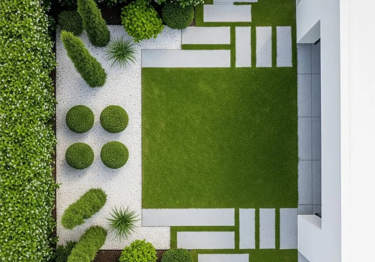 Jardin ordenado minimalista combinando texturas y formas