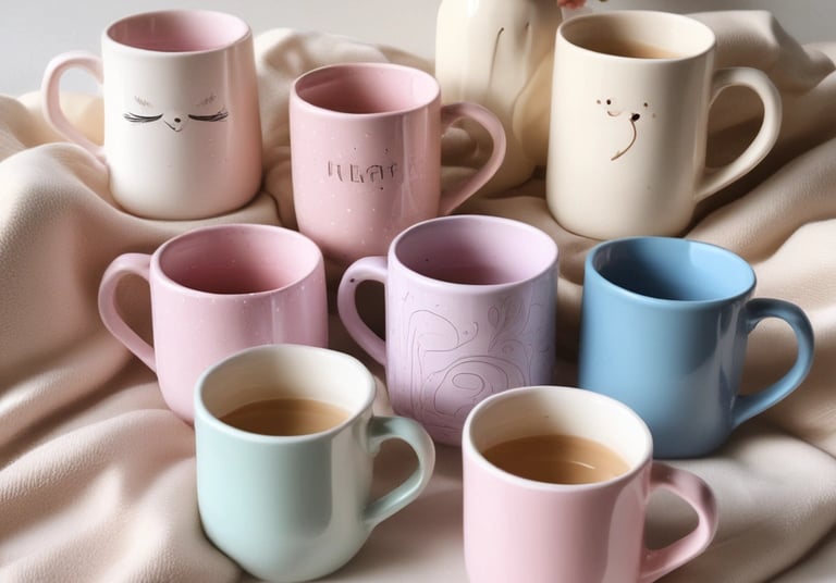 A cozy setup featuring whimsical mugs and accessories.