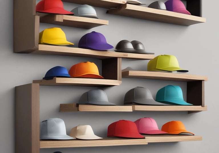Close-up of stylish men's caps and hats arranged on a wooden shelf.