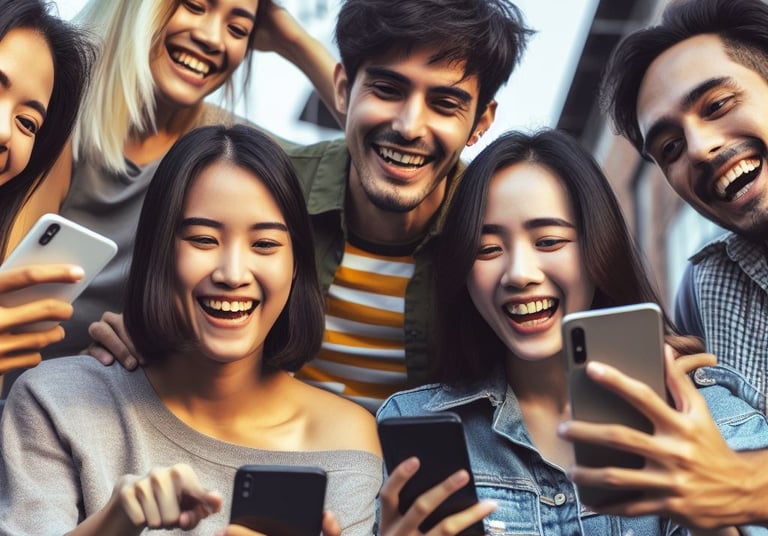 jovens reunidos interagindo com seus celulares nas redes sociais .