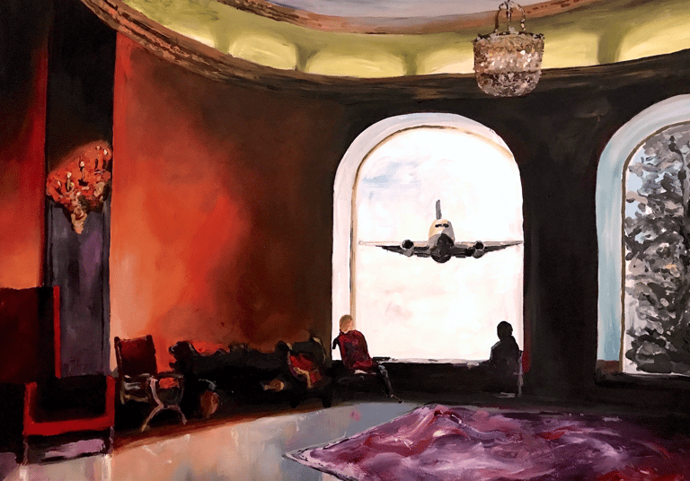 a painting of a room with big window and plane flying over a room