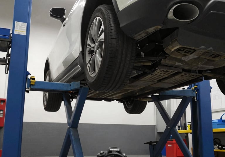 Close-up of a high-performance perforated brake disc and red caliper on a vehicle in a repair shop.