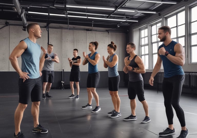 A fitness coach guiding a client through an exercise.