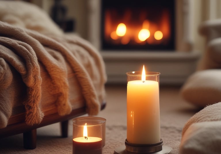 A lit candle with a label that reads 'Only For You, Handmade Candle, Aromatherapy Experts' is placed against a dark background. The candle emits a soft, warm glow surrounded by a subtle blue mist or smoke.
