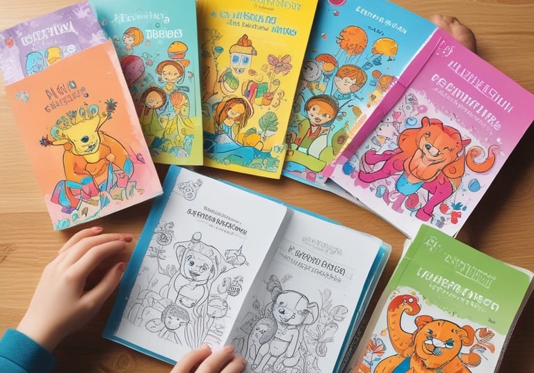 Children wearing colorful paper hats with educational-themed designs are viewing illustrated books. The hats are decorated with images of books and cartoon faces, suggesting a celebration or educational event.