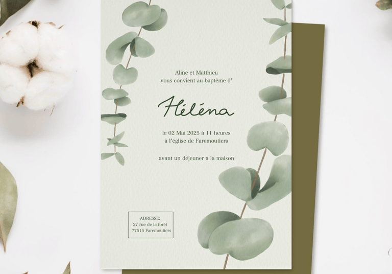 Faire part vert avec feuilles d’eucalyptus 