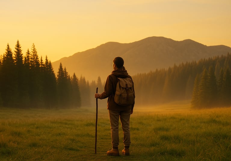 Silhouette of hiker walking through foggy field at sunrise, symbolizing resilience, solitude, and survival mindset