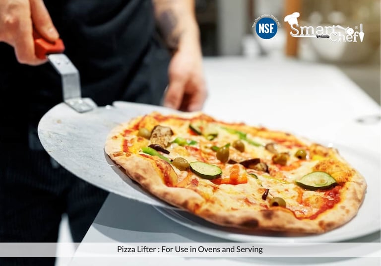 smart Chef using a professional stainless steel pizza lifter to serve a fresh vegetable pizza.