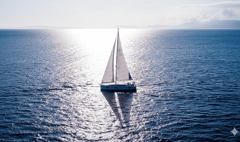 Ein schönes weißes Segelboot gleitet friedlich über den sonnenbeschienenen blauen Ozean