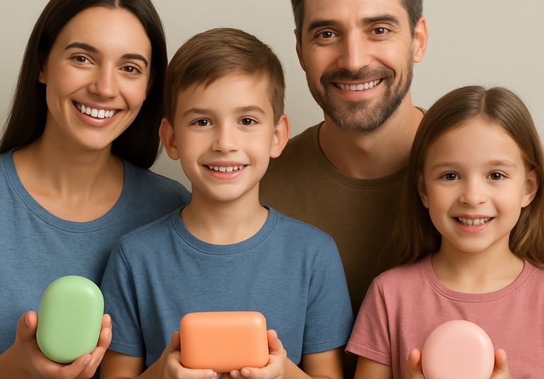 Colorful bars of soap shaped like animals and stars arranged on a wooden surface.