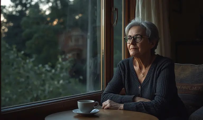 Angehörige einer Person mit Demenz in ruhigem Moment der Selbstreflexion über Schuldgefühle und Selbstfürsorge