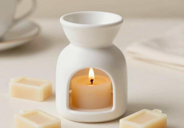 Close-up of colorful wax melts arranged artistically on a rustic tray.