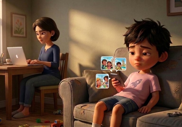 Sad boy looking at family vacation photos on a phone while his mother works on a laptop.