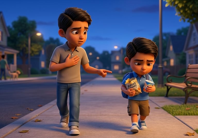 3D animated boy feeling guilty while being scolded for eating junk food on a suburban sidewalk.