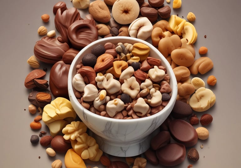 Close-up of rich handmade chocolate pieces with various flavors arranged artfully on a wooden board