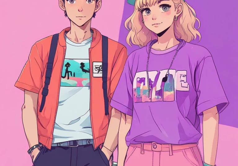 A vibrant display of pastel-accented streetwear with glitch overlays and neon vaporwave backgrounds.