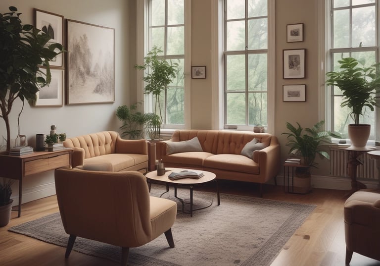 A professional consultation setting with a medical professional sitting at a desk facing a client. The room has a modern aesthetic with white walls decorated with framed certificates. The desk is organized with office supplies, a laptop, and a fruit bowl in the center.