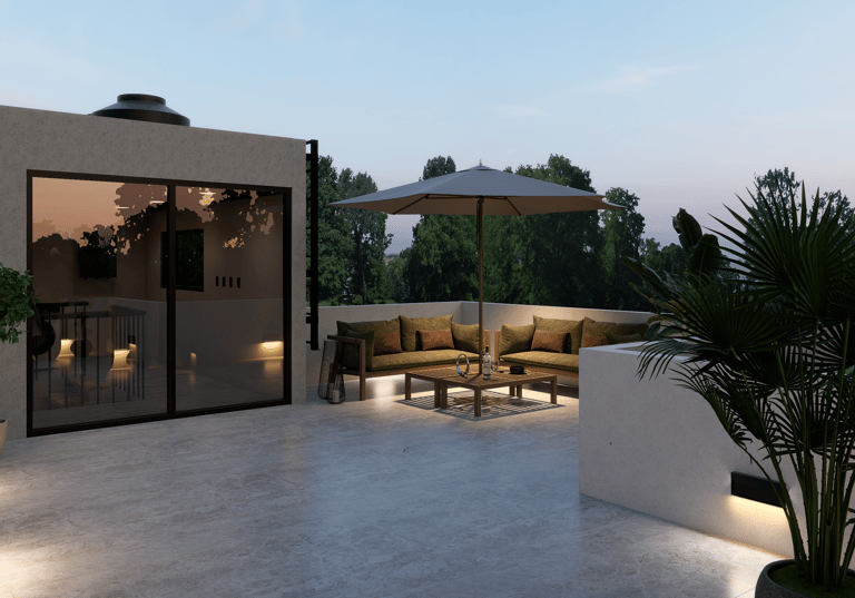 Terraza exterior con sala, sombrilla, plantas y pisos cerámicos