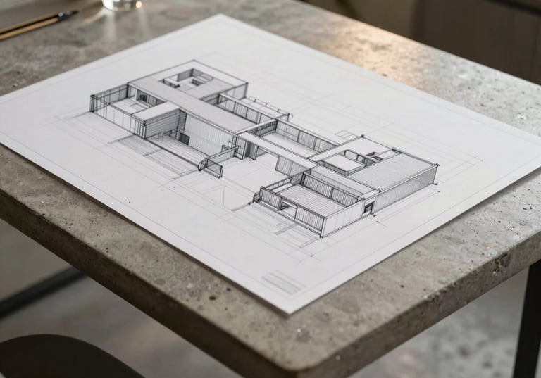 Minimalist architectural blueprint overlay on a concrete table, soft warm side light, clean lines