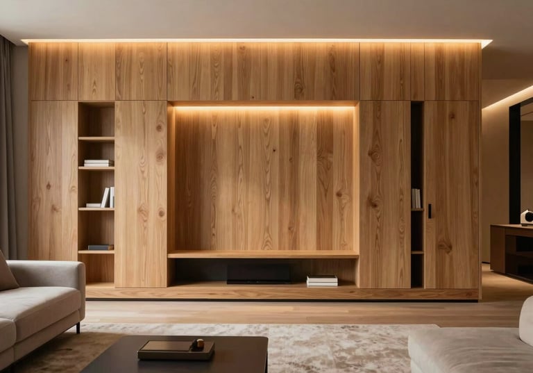 Luxury living room interior with custom-fabricated oak millwork, warm integrated LED lighting, minimalist furniture