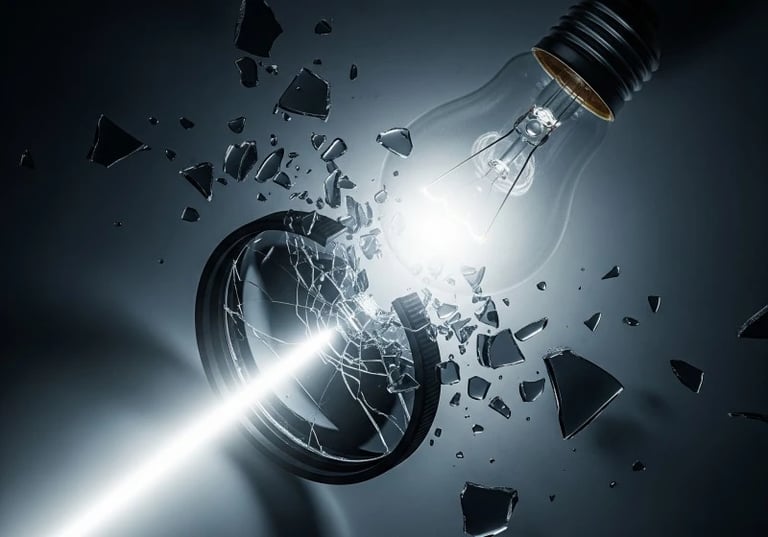 Shattered light bulb symbolizing breaking vision myths and misconceptions about eye health.