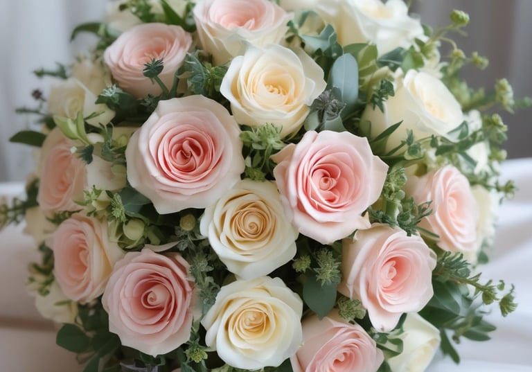 Wedding art custom painted by wedding painter. Bridal bouquet with roses, pastel colors.