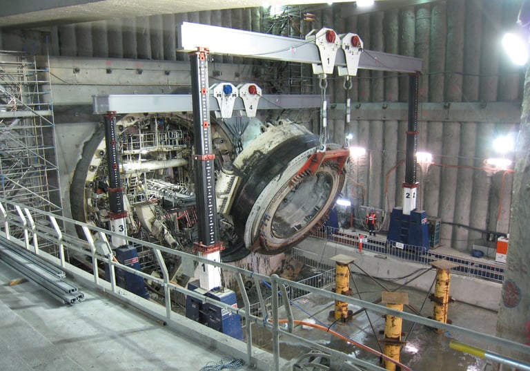 Use of lifting gantries for disassembly of TBM at Legacy Way, Brisbane