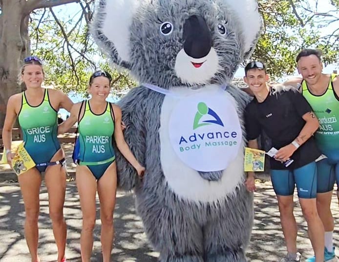 Australian Triathlon Sporting Athletes in Wollongong, standing next to Advance Body Massage Koala s 
