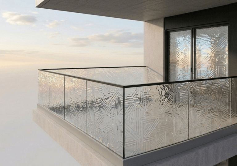 Modern high-rise balcony featuring decorative textured glass railings and an ocean view at sunset.