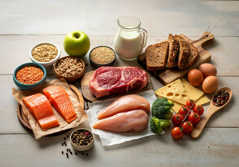 A variety of high-protein healthy foods including fresh salmon, chicken breast, raw steak, eggs, and lentils.